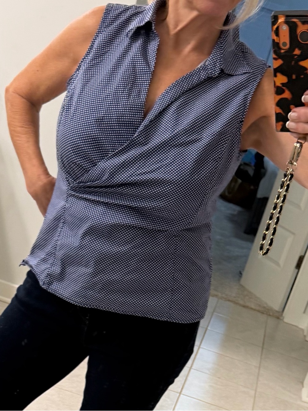 Talbots Navy and White Sleeveless Polka Dot Button-Down Top